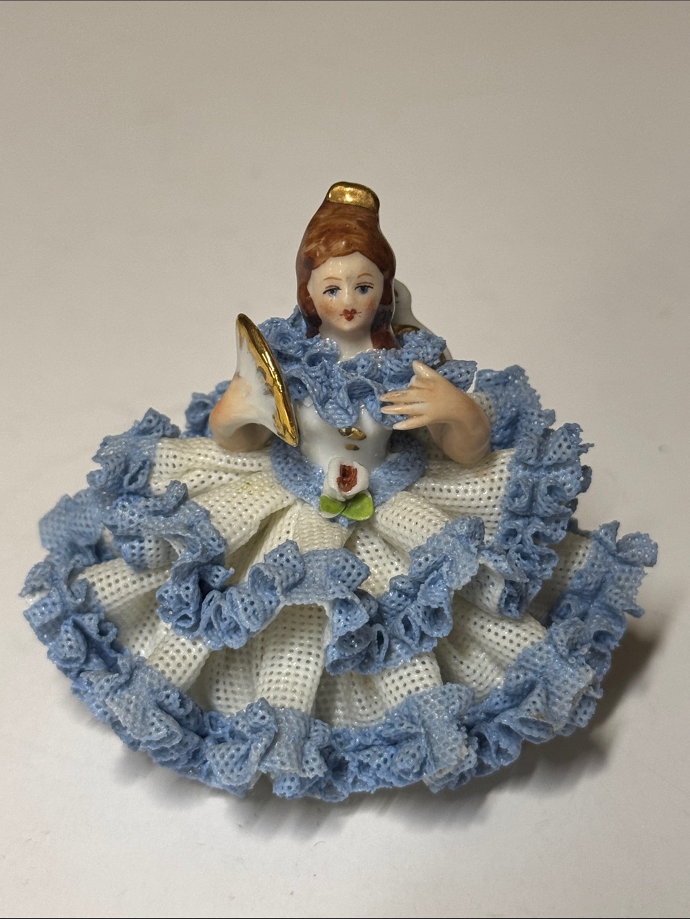 Germany Dresden Porcelain Lace Lady in Chair Light Blue 3”